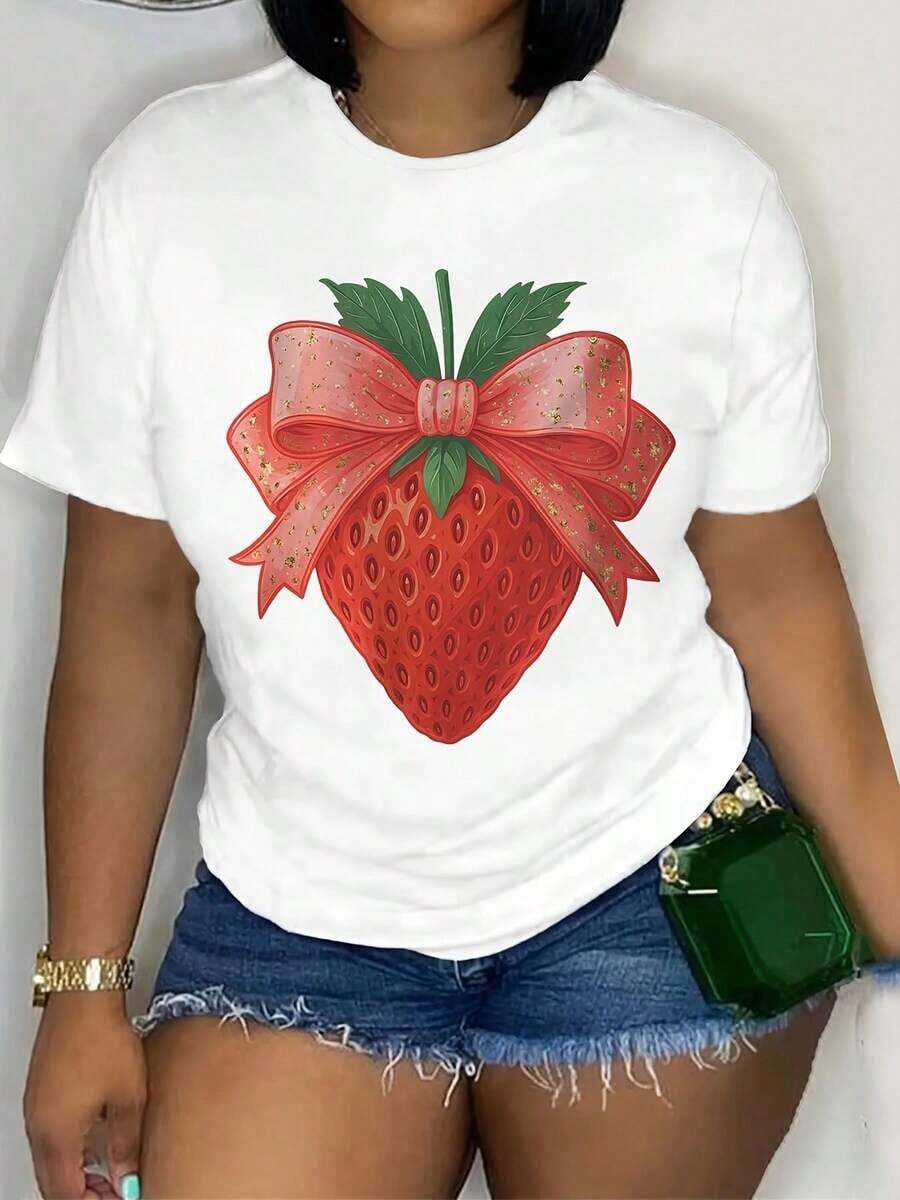 Strawberry Casual T-Shirt, New Must-Have For Summer, Suitable For Both Spring And Summer, Comfortable And Casual Essential T-Shirt For Women, Round Neck Style For Casual Wear And Memorable Gifts, 100% Cotton, Durable - 白色 - 查看 1