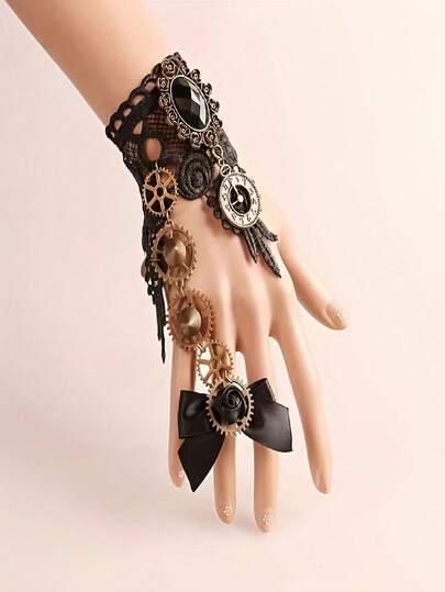 Bộ vòng tay và nhẫn cơ khí phong cách Steampunk, phụ kiện đeo cổ tay có thể điều chỉnh, hình đầu lâu máy móc Steampunk, phong cách công nghiệp cổ điển, phù hợp cho Halloween, Cyberpunk, thẩm mỹ u tối, unisex.