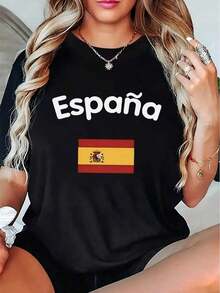 Women's Spanish Flag And Spain Print Camisole - Short-Sleeved Spanish National Pride Camisole With Spanish Text, Casual And Semi-Formal Wear, Machine-Washable Crew Neck Top For Spanish Cultural Events, Suitable For Year-Round Wear. Ideal As A Gift. Women's T-Shirt. Elegant. Bohemian Style. Soft, Breathable, And Comfortable Garment, Perfect For Spring, Summer, And Autumn; Ideal For Vacations, Travel, And Everyday Wear. Perfect For Watching A Game. - 黑色 - 查看 1