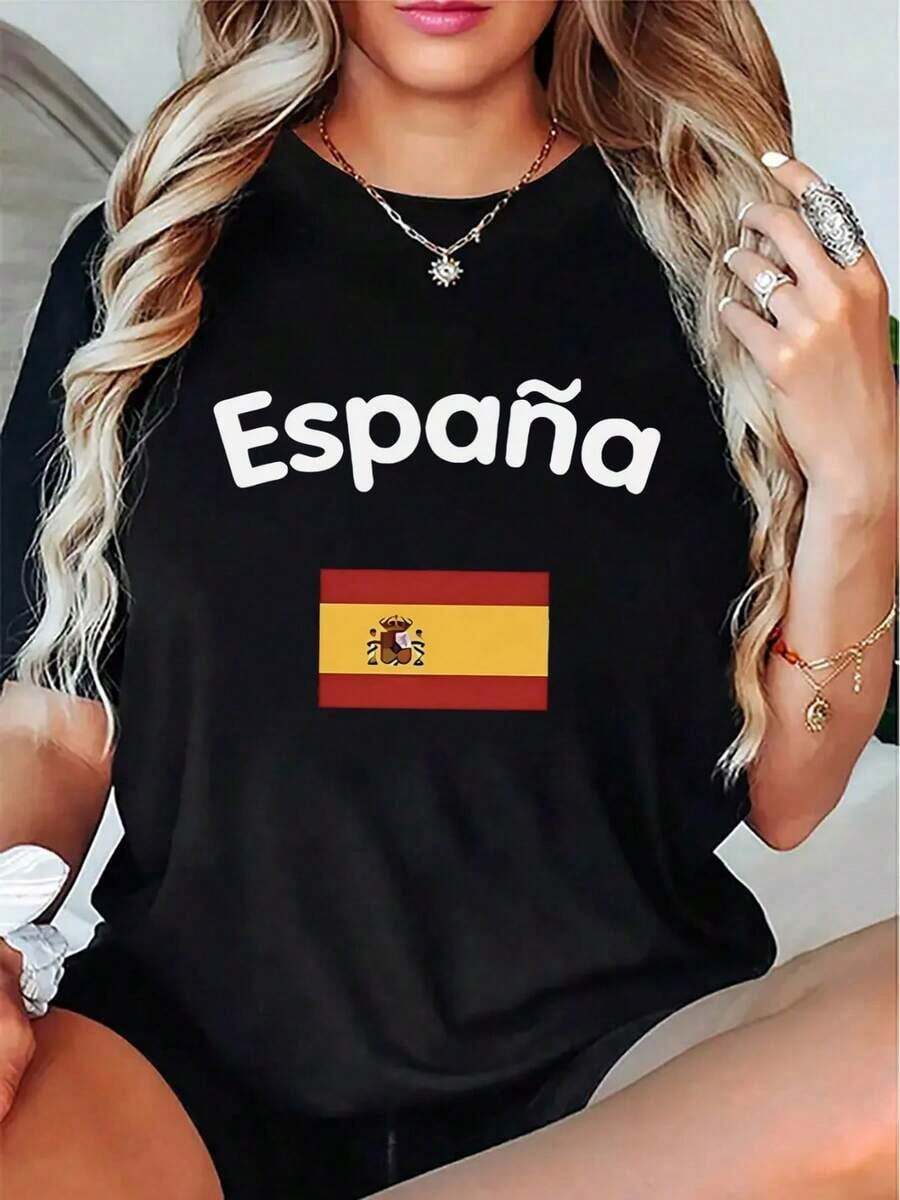 Women's Spanish Flag And Spain Print Camisole - Short-Sleeved Spanish National Pride Camisole With Spanish Text, Casual And Semi-Formal Wear, Machine-Washable Crew Neck Top For Spanish Cultural Events, Suitable For Year-Round Wear. Ideal As A Gift. Women's T-Shirt. Elegant. Bohemian Style. Soft, Breathable, And Comfortable Garment, Perfect For Spring, Summer, And Autumn; Ideal For Vacations, Travel, And Everyday Wear. Perfect For Watching A Game. - 黑色 - 查看 1