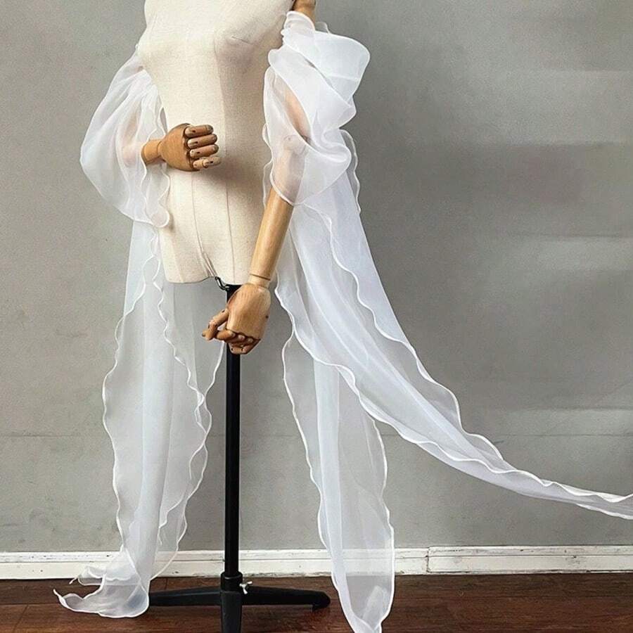 Áo khoác cưới tay dài bằng vải organza trắng, tay phồng xòe, cổ tay áo co giãn có thể tháo rời (Đen, Trắng, Hồng, Tím)