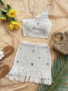 Conjunto de dos piezas de suéter elegante bohemio tropical con flecos y lentejuelas, para mujer, casual, vacaciones, estilo occidental, boda en la playa, graduación, brunch, Día de San Patricio, vacaciones de primavera, Pascua, festival de música, primavera/verano - Albaricoque - Ver 10
