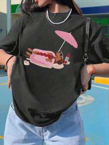 Camiseta Oversize con Estampado Divertido de Perro Salchicha en Hot Dog en la Playa, Estilo Y2K Aesthetic Cute Animal Graphic, Top Casual de Verano con Diseño Creativo, Camiseta de Algodón para Amantes de Mascotas, Uso Diario y Salidas, Estilo Único para Hombres y Mujeres ropa de hombre - Estilo - Ver 1