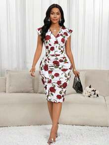 Lady Vestido midi elegante de mujer con cuello en V, estampado floral y volantes - Multicolor - Ver 6