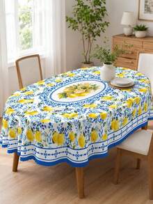 1pc-Summer Lemon Table Cover, Mediterranean Blue Floral Print Decorative Table Cloth, Wrinkle Resistant , For Kitchen Dining Room, Patio, Backyard BBQ, Garden Party, Picnic, Indoor Outdoor Summer Holiday Gathering, Easy Clean Reusable - Multicolor - View 13