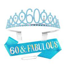 60th Birthday Decorations For Women Sparkling 60th Birthday Sash And Tiara Set With Rhinestone 60 And Pearl Pin, Golden Metallic Shine Party Accessories - 藍色 - 查看 9