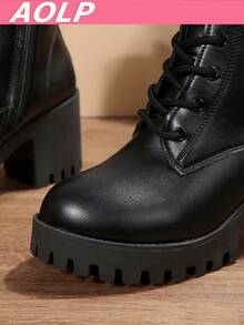 European & American Minimalist Style Autumn/Winter New High Heel Ankle Boots, Metal Belt Decor, Rhinestone Buckle, Chunky Heel & Platform - Black - View 9