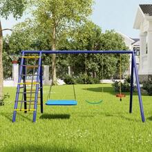 Multifunctional Outdoor Swing Set – 3 Swings + Climbing Frame + Basketball Hoop, Outdoor Swing Combination, Hanging Swing, Strap Swing, Climbing Rope Swing, An Outdoor Play Paradise - Antique Blue - View 3