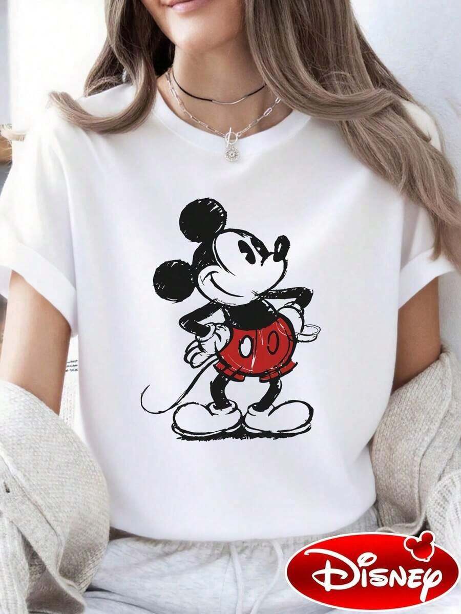 Disney Women's Cute Mickey Mouse Pattern T-Shirt, Round Neck Short Sleeve Shirt - trắng - Xem 1