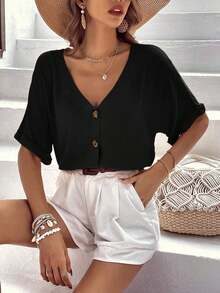 Camisa suelta de verano para mujer con botones, mangas cortas de murciélago y cuello en V de unicolor - Negro - Ver 7