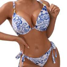 Traje de Baño de Dos Piezas con Escote Profundo para Mujer, Bikini Sexy con Push-Up y Estampado - Flor azul - Ver 6