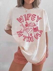 Camiseta de manga corta oversize para fiesta de despedida de soltera del 4 de julio, camiseta con la frase "Esposa americana, pronto seré señora", camiseta con lazo coqueta para el Día de la Independencia, camiseta unisex de manga corta de algodón grueso con estampado gráfico patriótico para novia, top casual de manga corta para mujer, ideal para el verano. - Blanco - Ver 6