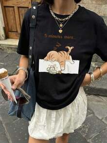 SimpieAndVersatileDesign1 pieza Camiseta de mujer de manga corta y cuello redondo para verano, con estampado de letras inglesas "Gato durmiendo", adecuada para verano, playa, calle, fiestas diarias. Top elegante de vacaciones Y2K, conjunto casual de verano, ropa de vacaciones para mujerCottonT-Shirt - Negro - Ver 7