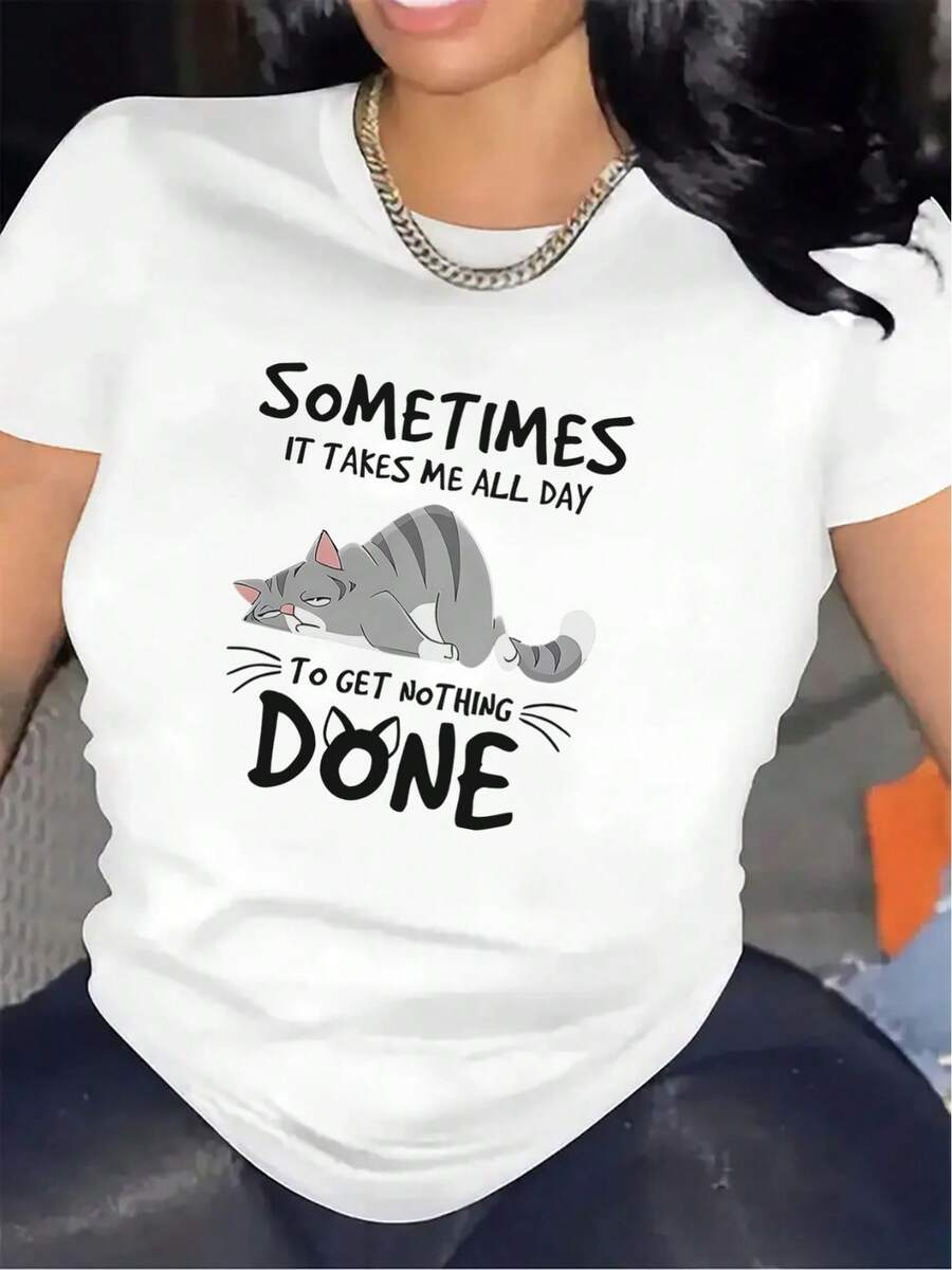 Camiseta de mujer con estampado de gato | La elección perfecta para usar en la sala de estar o en la oficina, ligera y duradera, una blusa cómoda para el día a día de las mujeres, diseño elegante, un regalo ideal para amantes de los gatos, tela suave, corte casual, ropa a la moda, cuello redondo, tela de elasticidad media. - Blanco - Ver 1