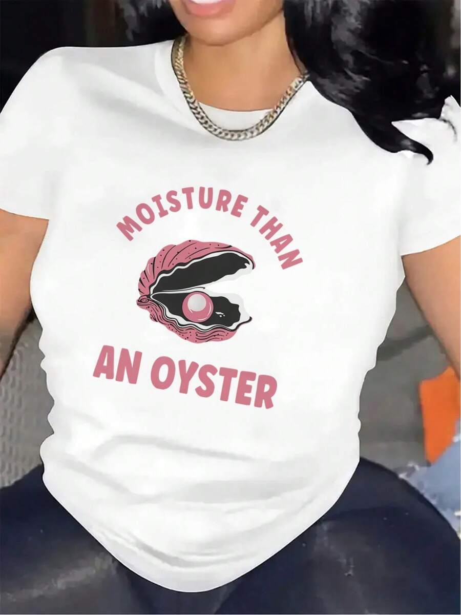 Women's T-Shirt With "Above The Oysters" Design, Suitable For Casual Wear In Restaurants Or Lounges; The Fabric Is Durable And Lightweight, Offering A Comfortable Fit For Everyday Wear; Stylish Print That Showcases A Modern Feminine Style. - 白色 - 查看 1