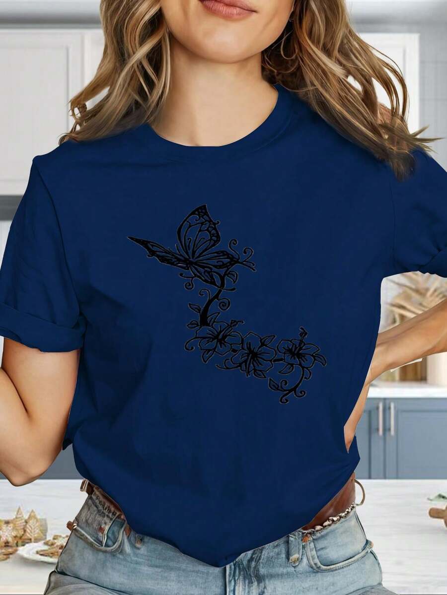 Camiseta cómoda y elegante para mujer "Camiseta de mujer estilo Y2K con estampado de mariposas y logotipo geométrico - Camiseta de manga corta de corte ajustado, combinación de colores negro y dorado, camisa casual de verano, tela elástica lavable a máquina (antiarrugas), adecuada para uso casual y para combinar con otras prendas. " UUVZ - Azul - Ver 1