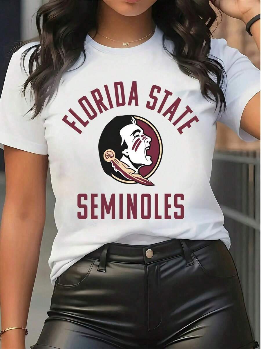 Women's Florida State Seminoles Graphic Print Short Sleeve T - Shirt Casual Crew Neck Tee Top For Game Day Sports Fan Apparel Summer Casual Loose Fit Tee,Tops For Women,Women Tops,Women's Tops Clothes ,Women Tops, Blouses & Tee Camiseta Para Mujer,Motif Women Clothes, Blusas Para Mujer Camisa - Blanco - Ver 1