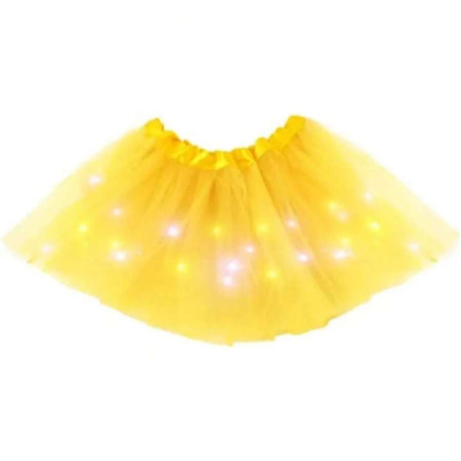 Falda Tutú de Princesa con Luces LED para Niñas, Disfraz de Fiesta de Boda, Minifalda de Baile, Ropa con Luces LED - Amarillo - Ver 1