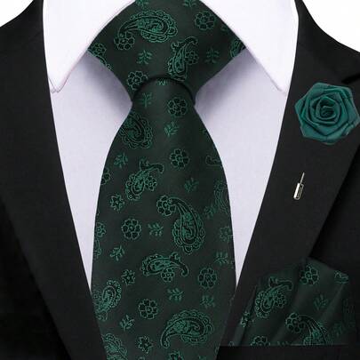 3pcs Men's Olive Green Paisley Pattern Retro Tie Set, Includes Tie, Pocket Square, And Brooch, Suitable For Groom's Wedding, Office, And Party, Formal And Casual Occasions