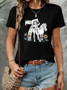 conjuntos de mujer2026Camiseta de manga corta con cuello redondo para mujer, talla grande, con estampado retro de girasol estilo vaquero del oeste, estilo elegante y nostálgico, corte holgado, perfecta para salidas diarias, viajes, fiestas y regalos navideños, adecuada para ropa casual de primavera y verano, combina con mezclilla, camisetas geniales para mujer - Negro - Ver 7