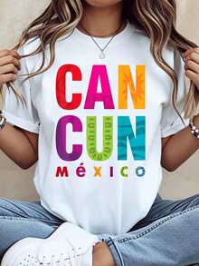 Camiseta de diseño tropical colorido de Cancún, México, para mujer, informal, para vacaciones de verano, viajes, con estampado gráfico, 220g, playeras de mujer - Negro - Ver 7