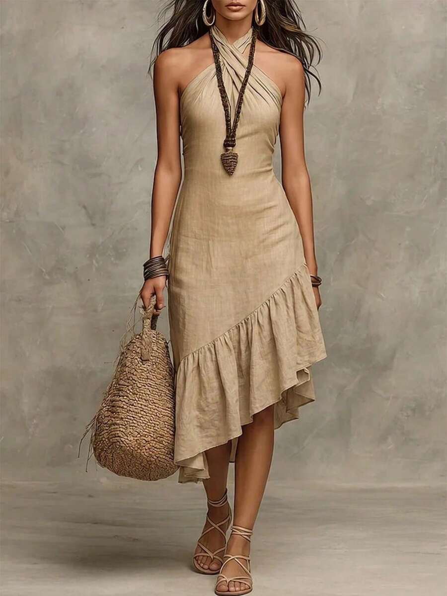Vestido largo de mujer de color liso con cuello halter, corte ajustado, sin mangas, estilo vacacional a la moda. - Caqui - Ver 1