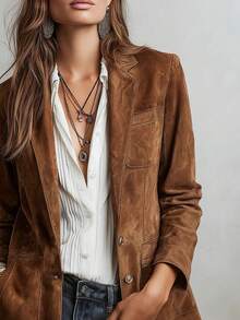 Women's solid color elegant suede coat with pockets and buttons - Marrón - Ver 4