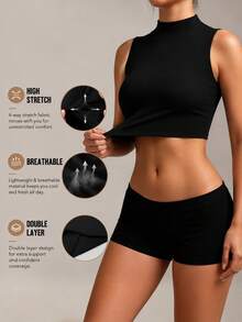 XLLAIS Regata Esportiva Feminina de Gola Careca Ajustada, Colete Básico de Dupla Camada de Alta Elasticidade para Fitness, Verão - Preto - Visão 1
