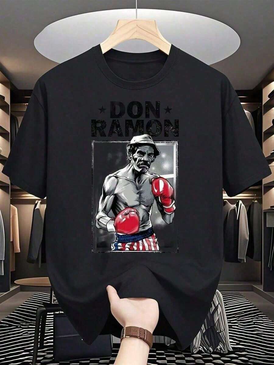 Camisetas para Hombre, Camisetas para Hombres, Ropa de Hombre, Camisetas para Hombres, Ropa, Imagen de Camiseta Don Ramón Boxer 180G Blanca y Negra, Patrón de Impresión Retro de Boxeo, Impresión de Alta Calidad, Cuello Redondo, Ajuste Holgado Básico, para Hombres y Mujeres, Transpirable, Versátil, Lavable a Máquina, Cómoda, Talla S ~ 3XL, Diario, Casual, Deportiva, Esencial para el Verano. playera de hombretops sudaderas para mujerLoose, casual and versatile top T-shirt - Negro - Ver 1