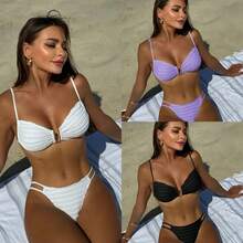 Bikini Sexy de Dos Piezas con Espalda Descubierta, Cordones Ajustables y Tela Texturizada - Blanco - Ver 2