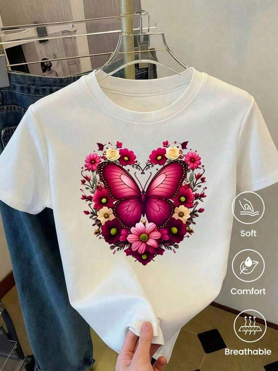 Camiseta de Mujer Blanca con Estampado Floral "Corazón de Flor de Mariposa", Camiseta Casual de Manga Corta con Cuello Redondo de Algodón para Mujer, Tejido Ligero y Transpirable, Ideal para el Verano, Perfecta para Uso Diario, Estilo Casual Cottagecore, Transpirable y Cómoda. - Blanco - Ver 1