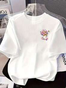 Camiseta de manga corta de talla grande para mujer - Camiseta básica casual de corte holgado, elegantes tops de poliéster, camiseta de manga corta estampada con diseños florales y de mariposas - Camiseta estampada de primavera/verano para mujer, artículo de moda, versátil y casual, transpirable y cómoda. - Blanco - Ver 3