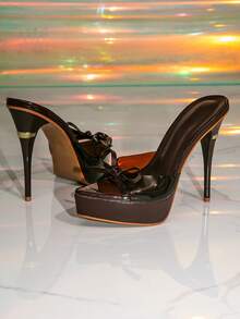 Sandales à talons hauts épais avec plateforme, talons épais, bout pointu, décoration nœud marron, transparent, talons hauts de luxe pour soirée. Convient pour le port en extérieur. - Tabac - Voir 3