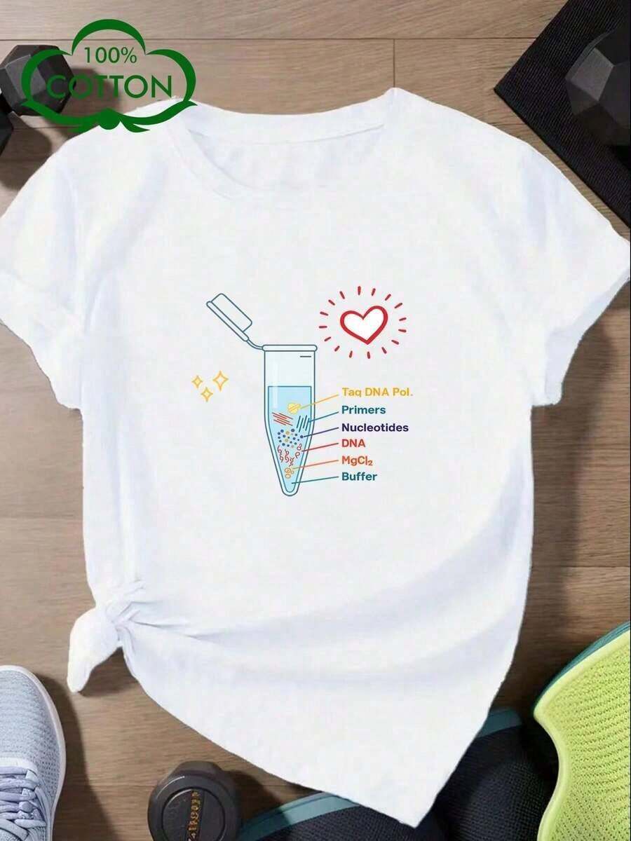 Nueva camiseta de moda para mujer con diseño de experimentos científicos - de manga corta, cuello redondo, hecha de tela de algodón puro elástico, top casual de verano, con coloridos patrones de prueba PCR, base blanca con estampados coloridos, una camiseta estampada de verano divertida y cómoda. Camiseta unisex de estilo vintage urbano, holgada, de algodón puro, de manga corta y cuello redondo. - Blanco - Ver 1