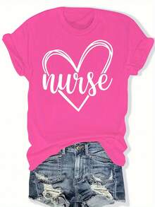 Camiseta de manga corta holgada con diseño de corazón, perfecta para uso casual en primavera y verano, disponible en tallas grandes para mujer. - Rosa Fucsia - Ver 1