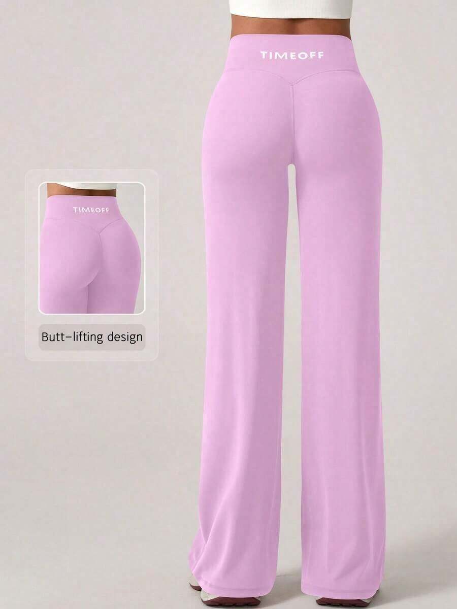 2026 TimeOff 1 pieza Pantalones deportivos de mujer minimalistas con cintura elástica, estampado de letras, pierna recta y ancha, efecto levantador V-Shape, primavera - Rosa - Ver 1