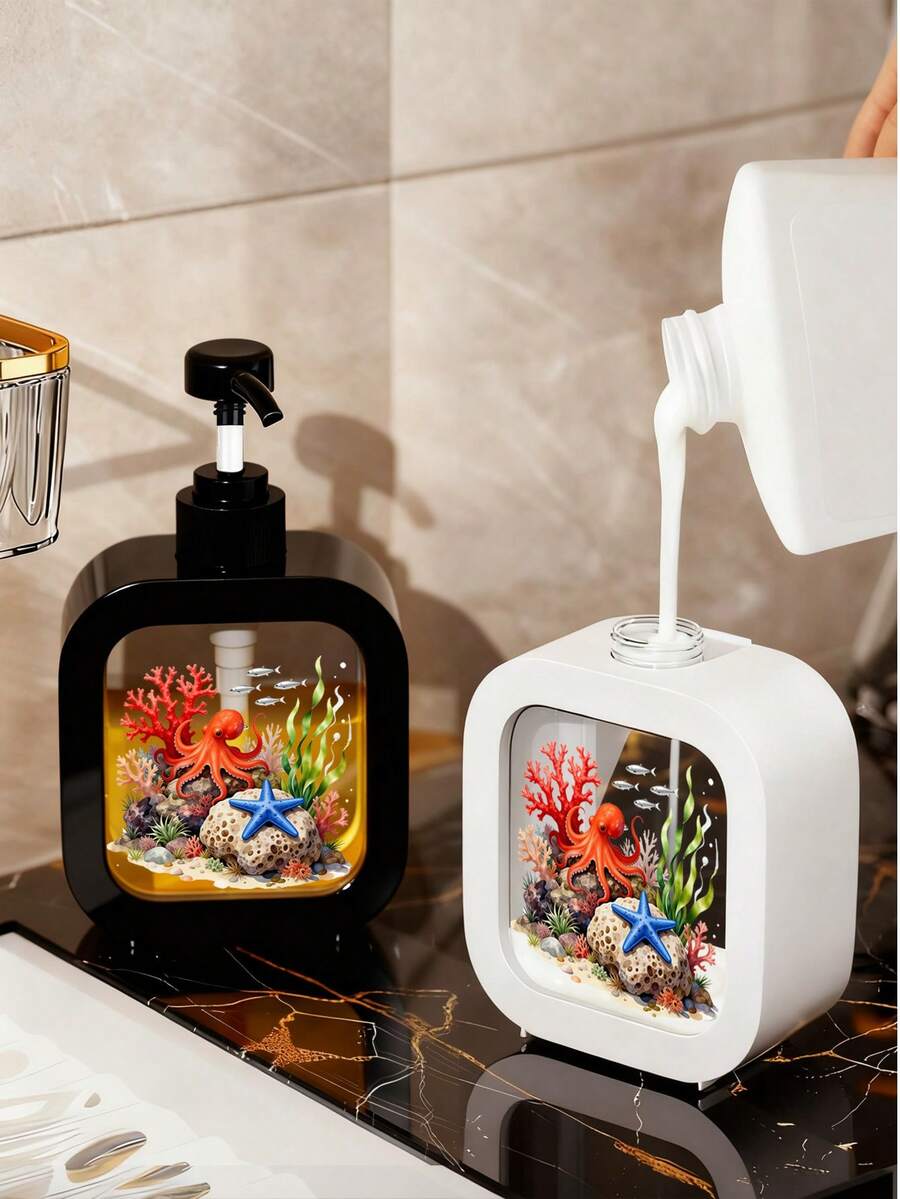 Creative Bathroom Dispenser Bottle With Manual Pump - Featuring Marine Life Art Design, Combining Blue-Green Starfish With Shells And Pebbles, Suitable For Bathroom, Kitchen And Sink Design Or Decoration - Perfect For Dispensing Soap, Hand Wash, Body Wash - Multicolor - View 1