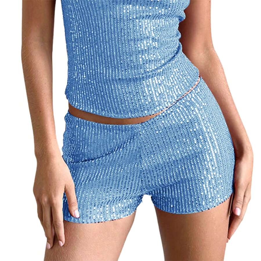 Pantalones cortos de lentejuelas para mujer, pantalones cortos con cintura elástica de tiro bajo de verano, ropa informal caliente - Azul - Ver 1
