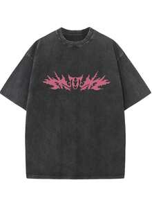 Men's&Women's 1 pieza, 230g, camiseta estampada estilo vintage, camiseta de marca de moda retro de algodón batik de alta calidad, grosor adecuado para el verano, regalo para vacaciones. - Negro - Ver 1
