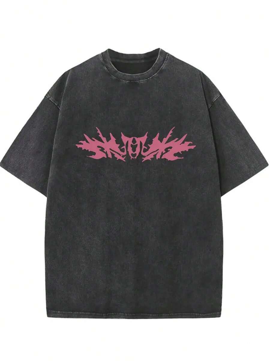 Men's&Women's 1 pieza, 230g, camiseta estampada estilo vintage, camiseta de marca de moda retro de algodón batik de alta calidad, grosor adecuado para el verano, regalo para vacaciones. - Negro - Ver 1