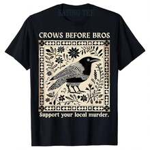 "Crows Before Bros" apoya los dise?os locales de misterio y asesinatos con camisetas retro, divertidos y humorísticos estampados de pájaros, tops y camisas de manga corta. - Negro - Ver 2