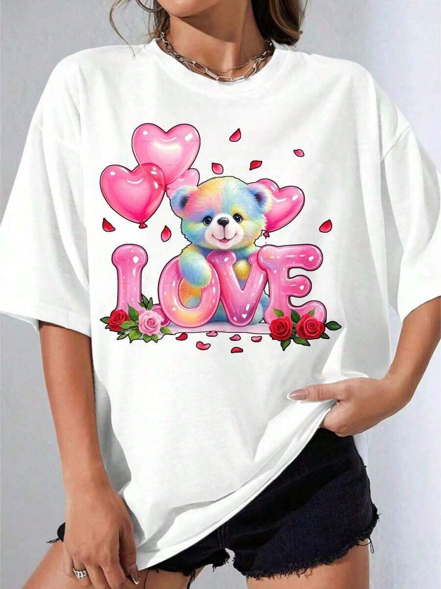 Black And White T-Shirt For Girls With Adorable Bear, Heart, Balloons And Roses Print, Valentine's Day Gift For Women, Casual Outdoor Party Wear, 180g Casual Printed T-Shirt - 白色 - 查看 1