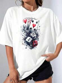 Camiseta Negra y Blanca para Niña, Camiseta Casual de Talla Grande con Estampado de Cartas de Póker y Dados Blancos para Uso Diario y Actividades de Ocio, Fiesta al Aire Libre, Camiseta Casual Estampada de 180g - Blanco - Ver 1