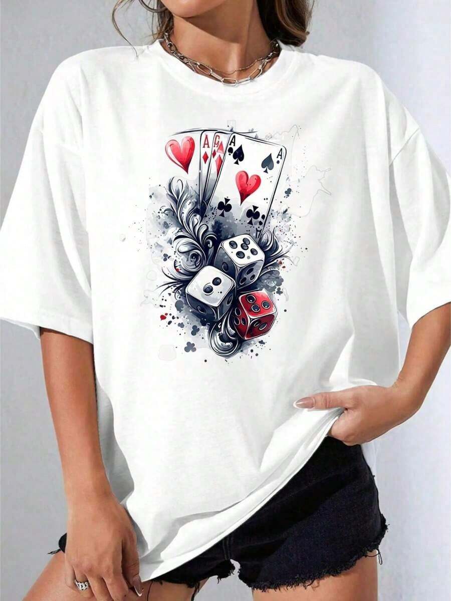 Camiseta Negra y Blanca para Niña, Camiseta Casual de Talla Grande con Estampado de Cartas de Póker y Dados Blancos para Uso Diario y Actividades de Ocio, Fiesta al Aire Libre, Camiseta Casual Estampada de 180g - Blanco - Ver 1