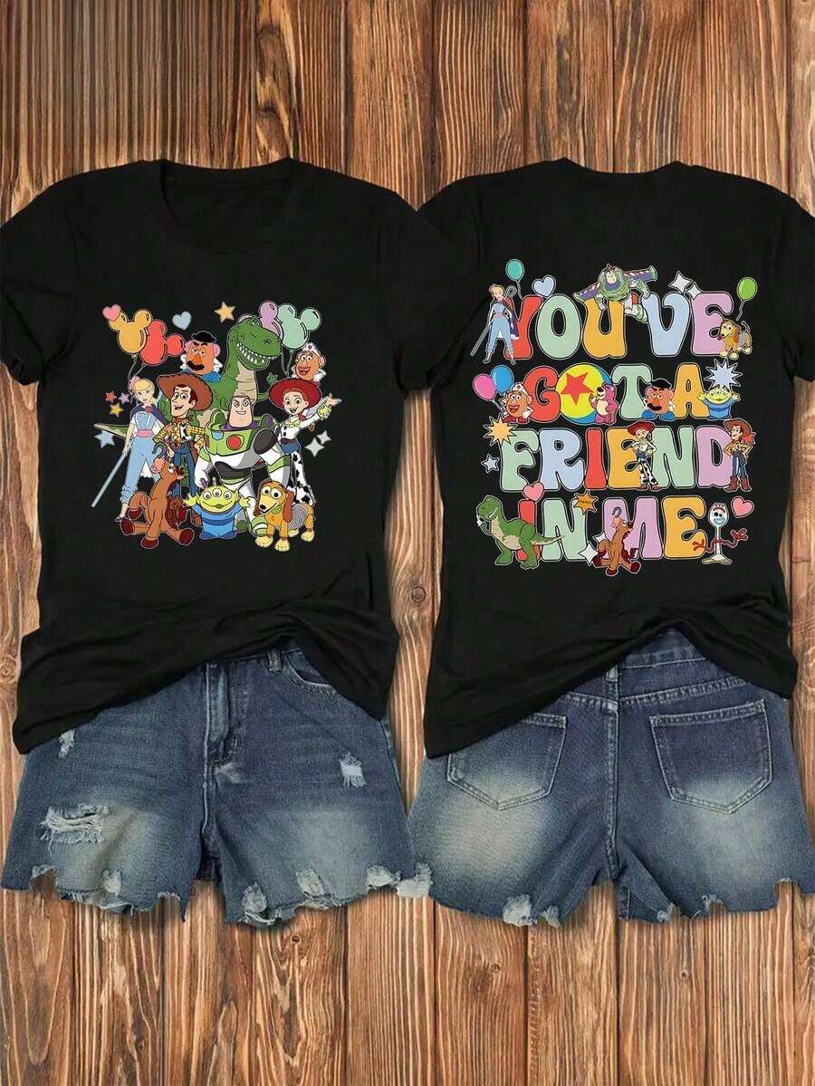 Camiseta Estampada de Doble Cara con Personajes de , "You've Got A Friend In Me", Woody, Buzz  y Otras Combinaciones de Personajes, Letras y Patrones de Texto Coloridos, , La Tela Es Suave, Cómoda y Transpirable, Adecuada para Uso Diario, Compras, Viajes, Fiestas y Uso en el Hogar. También es adecuado como un hermoso regalo. Toda mujer debería tener una. - Camiseta unisex de algodón holgada de manga corta y cuello redondo, estilo vintage urbano. Blusas para mujer. blusas.blusas casuales para dama. - Negro - Ver 1