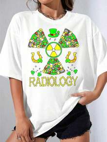 Camisetas de Mujer, Manga Corta Casual para Fiesta, Camiseta OneRadiology Blanca con Estampado del Símbolo de Radiación y Amuletos de la Suerte del Día de San Patricio para Profesionales de Radiología y Personal Médico que Celebran el Día de San Patricio, 180g - Blanco - Ver 7