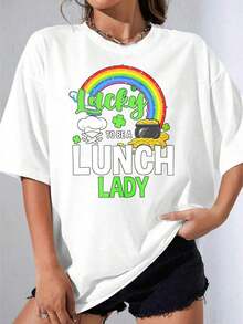 Camisetas de Mujer, Manga Corta Casual para Fiesta, Camiseta Blanca "OneLucky To Be A Lunch Lady" con Estampado de Arcoíris, Olla de Oro y Trébol para Celebración del Día de San Patricio, 180g - Blanco - Ver 7