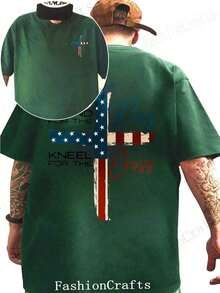 Patriotic Christian Faith T-Shirt, Defend The Flag, Kneel For The Cross, Religious T-Shirt, Cross Design, Men's T-Shirt Showing American Pride, Conservative Christian Cotton Clothing - 綠色 - 查看 7