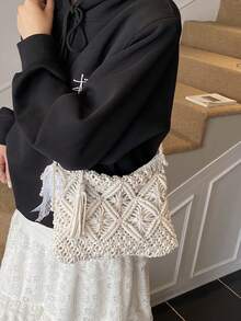 Handwoven Small Crossbody Bag, New Woven Shoulder Bag, Niche Beach Style, Versatile, Square Envelope Bag, Fashionable, Ins Style, Vacation Beach Bag - White - View 3