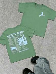 WAVE TO EARTH Play With Earth Letters Kitten Print Men's T-Shirt, Simple Art Harajuku Style, Band Music Kitten T-Shirt, Fashion Casual Loose Men And - Sage Green - 查看 1
